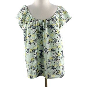 Banana Republic Blouse Women M Petite Floral Flutter Sleeve Green Scoop Neck Top